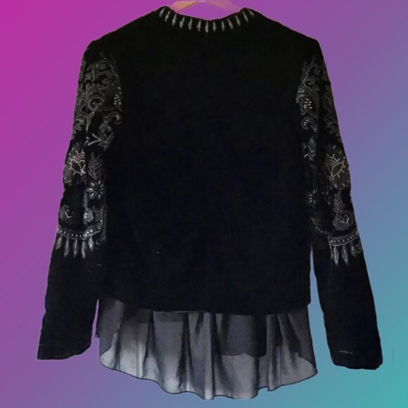 Fantasy Chiffon Ruffles Floral Embroidered Beading Black Velvet Jacket Sz M - Picture 4 of 10